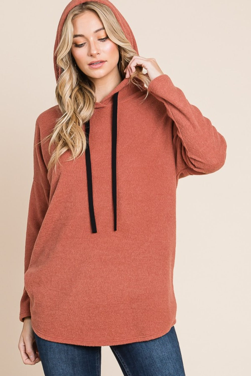 BOMBOM Contrast Drawstring Brick Drop Shoulder Knit Hoodie