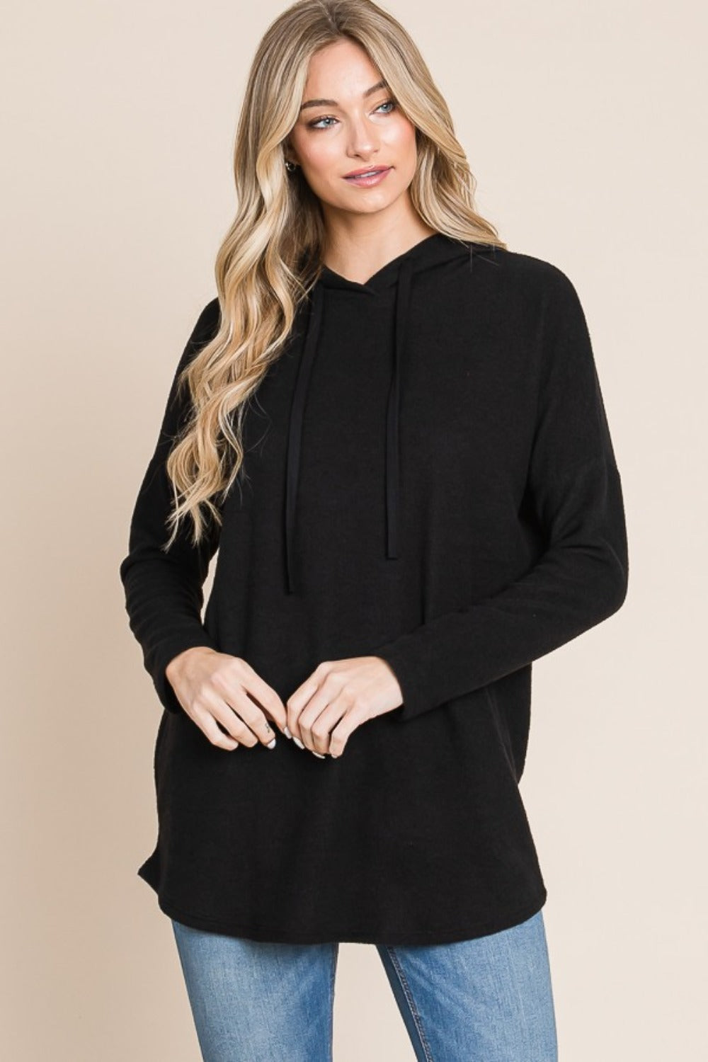 BOMBOM Drawstring Black Drop Shoulder Knit Hoodie