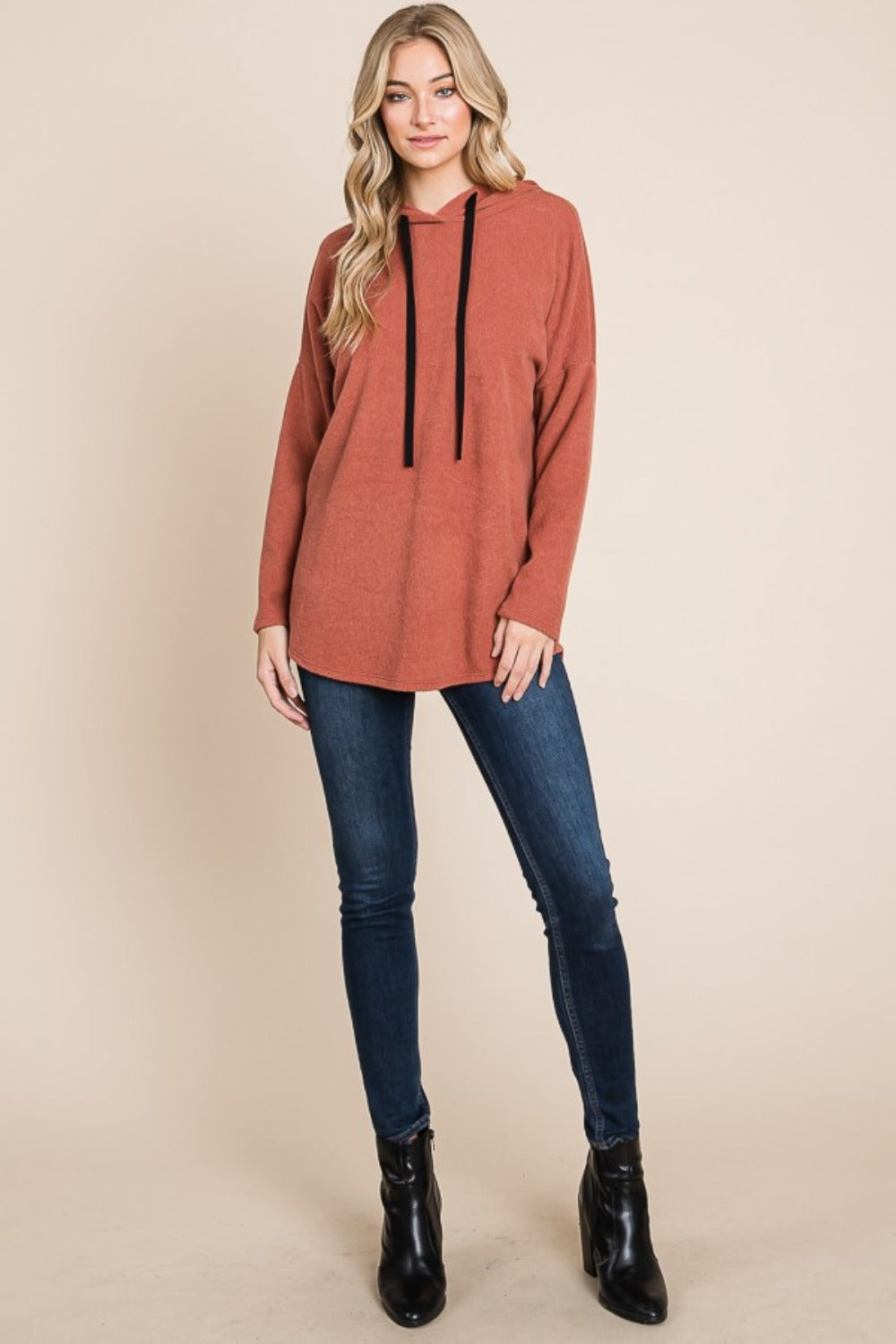 BOMBOM Contrast Drawstring Brick Drop Shoulder Knit Hoodie