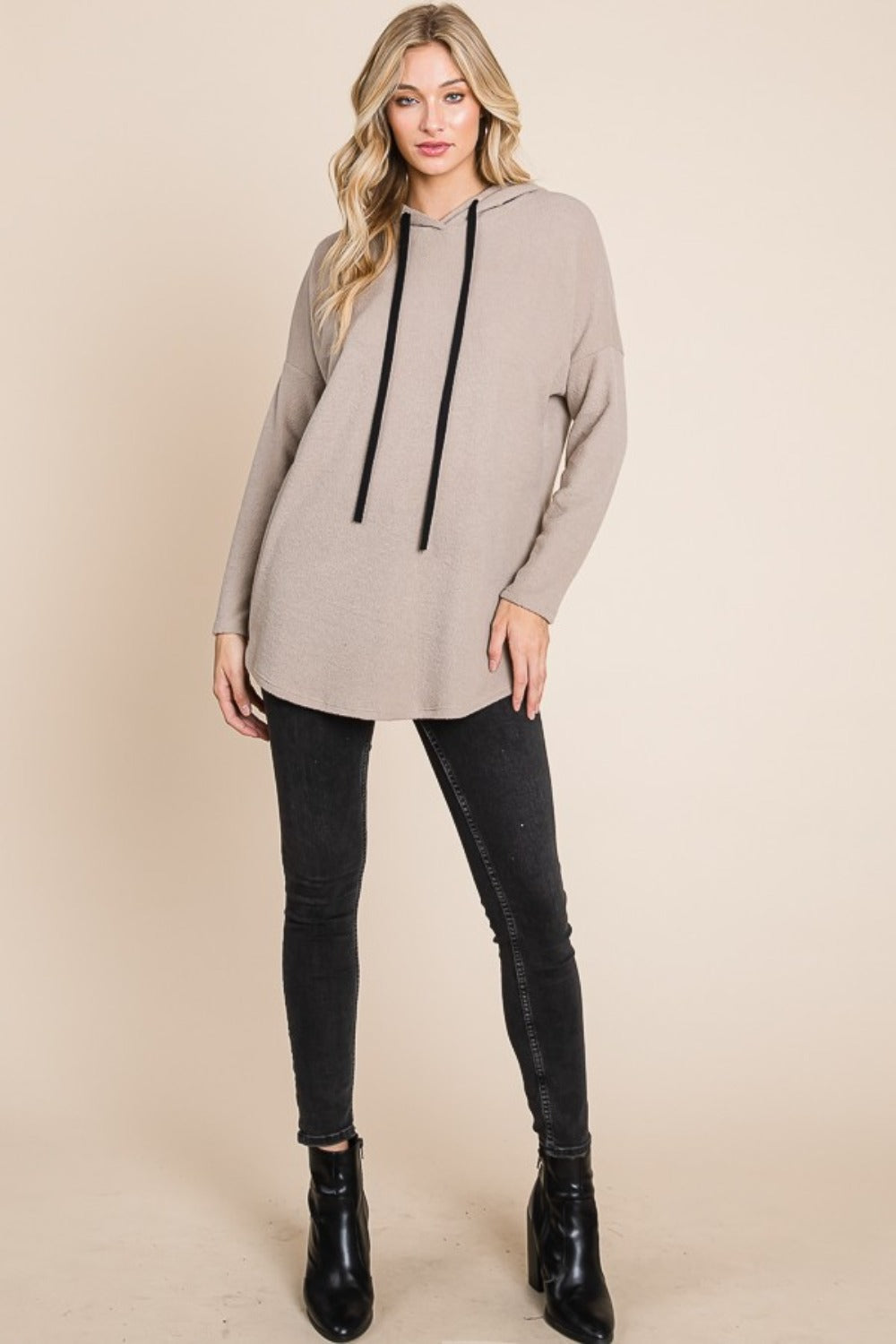 BOMBOM Contrast Drawstring Taupe Drop Shoulder Knit Hoodie