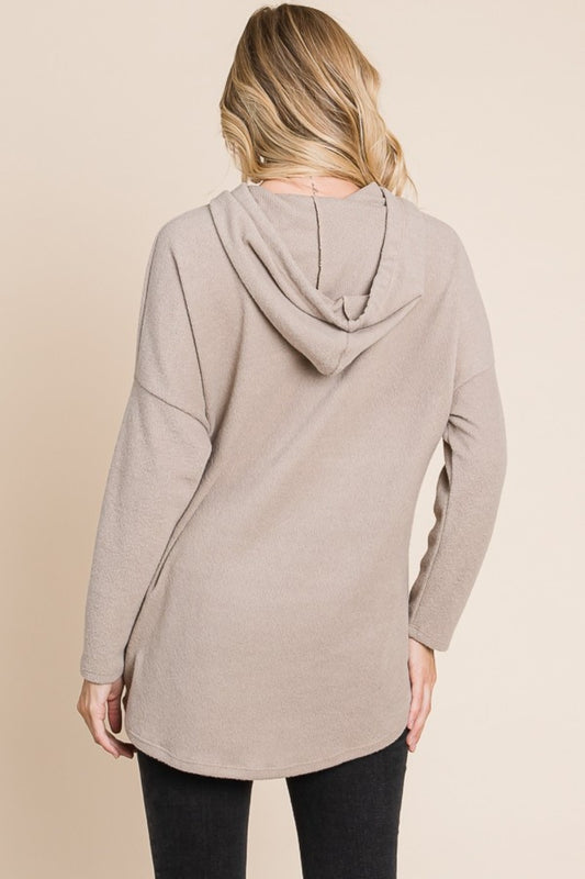 BOMBOM Contrast Drawstring Taupe Drop Shoulder Knit Hoodie