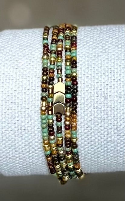 Golden Arrow & Mixed-Hue 5-Wrap Boho Beaded Bracelet