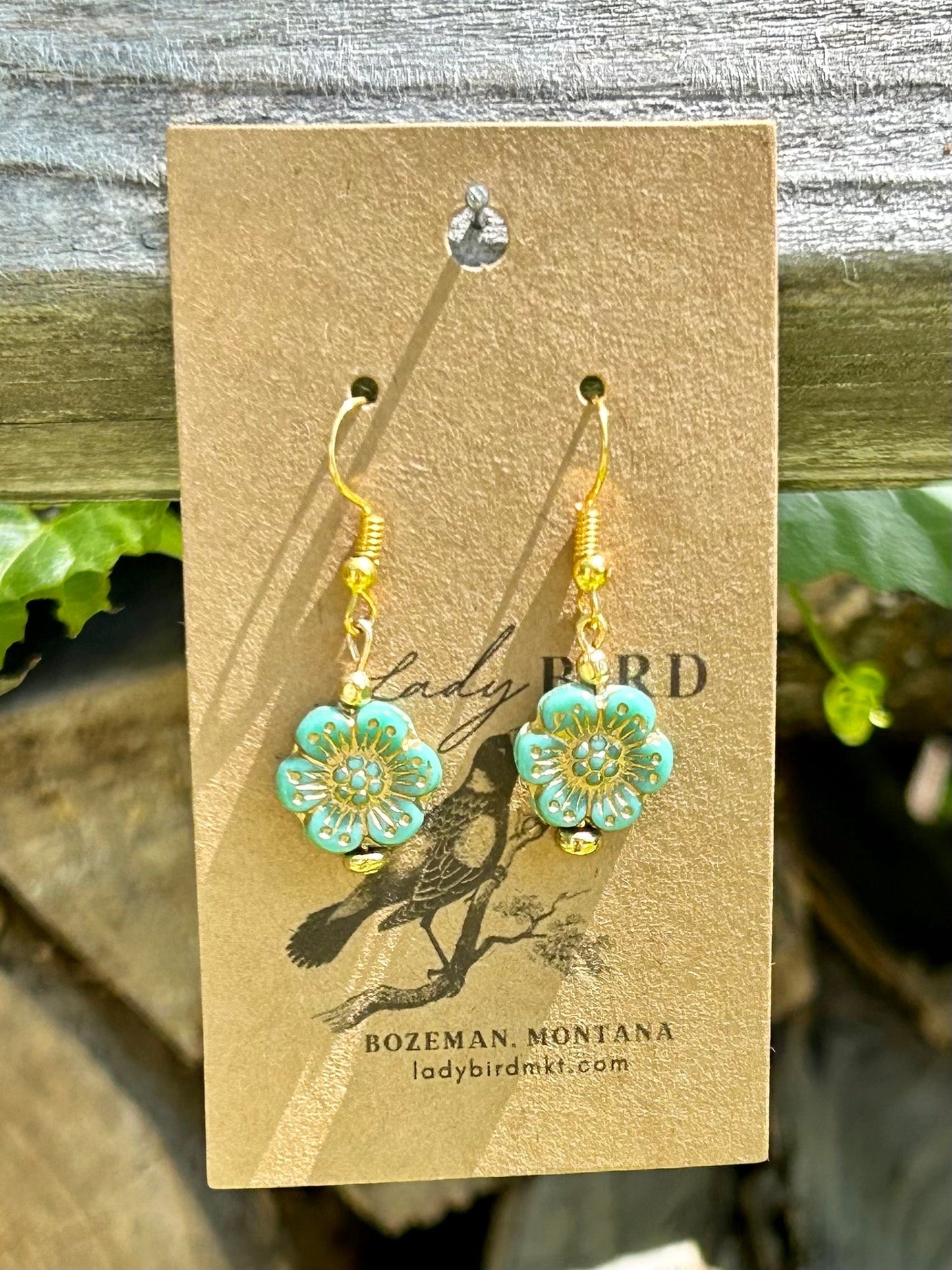 Turquoise & Gold Etched Wild Rose Flower Earrings