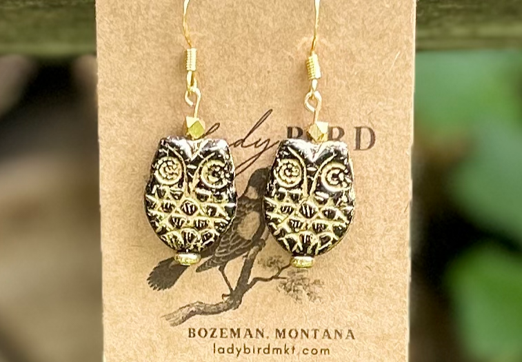 Black & Gold Etched Czech Glass Owl Earrings