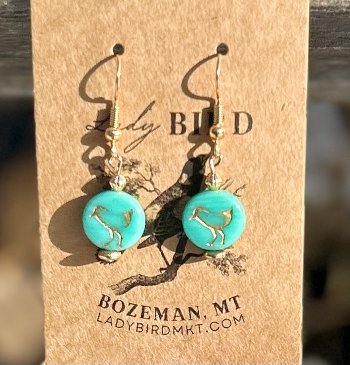 Turquoise Blue and Gold Etched Glass Birdy Earrings