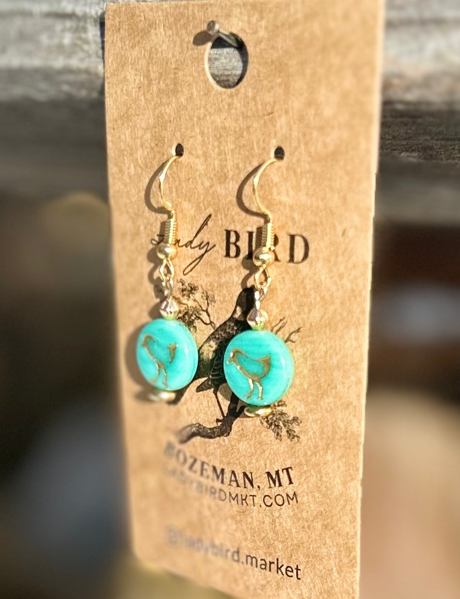 Turquoise Blue and Gold Etched Glass Birdy Earrings