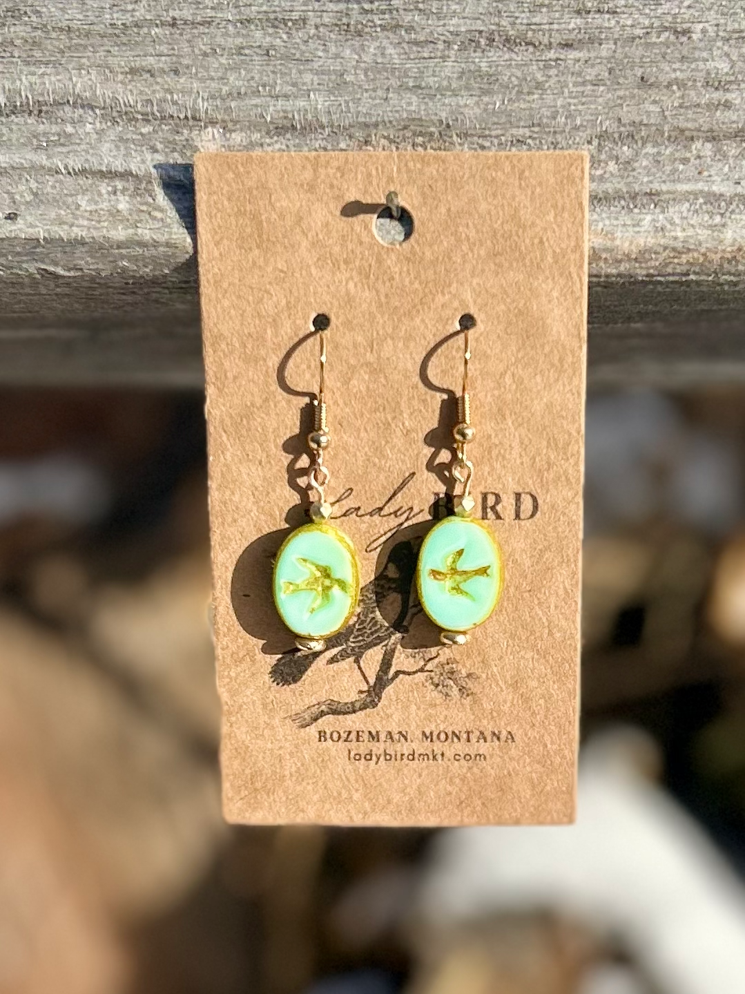 Yellow & Turquoise Gold Etched Glass Oval Birdy Earrings