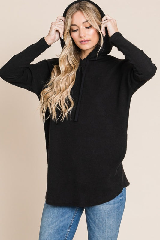 BOMBOM Drawstring Black Drop Shoulder Knit Hoodie