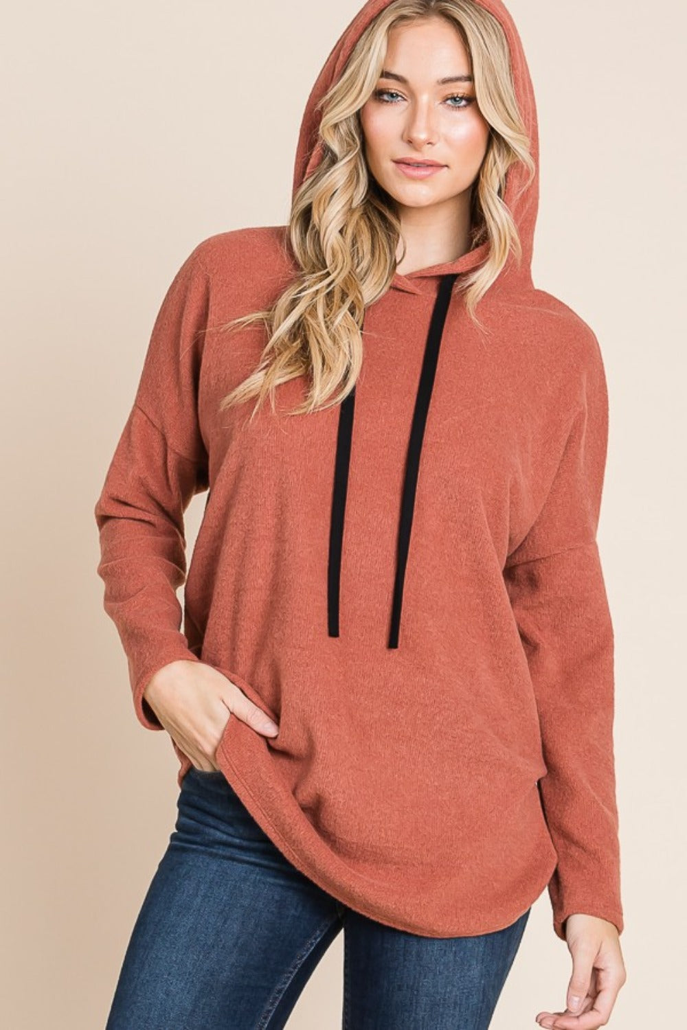 BOMBOM Contrast Drawstring Brick Drop Shoulder Knit Hoodie