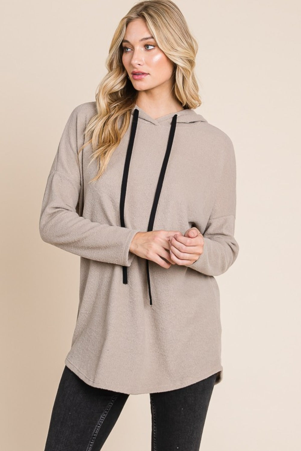 BOMBOM Contrast Drawstring Taupe Drop Shoulder Knit Hoodie