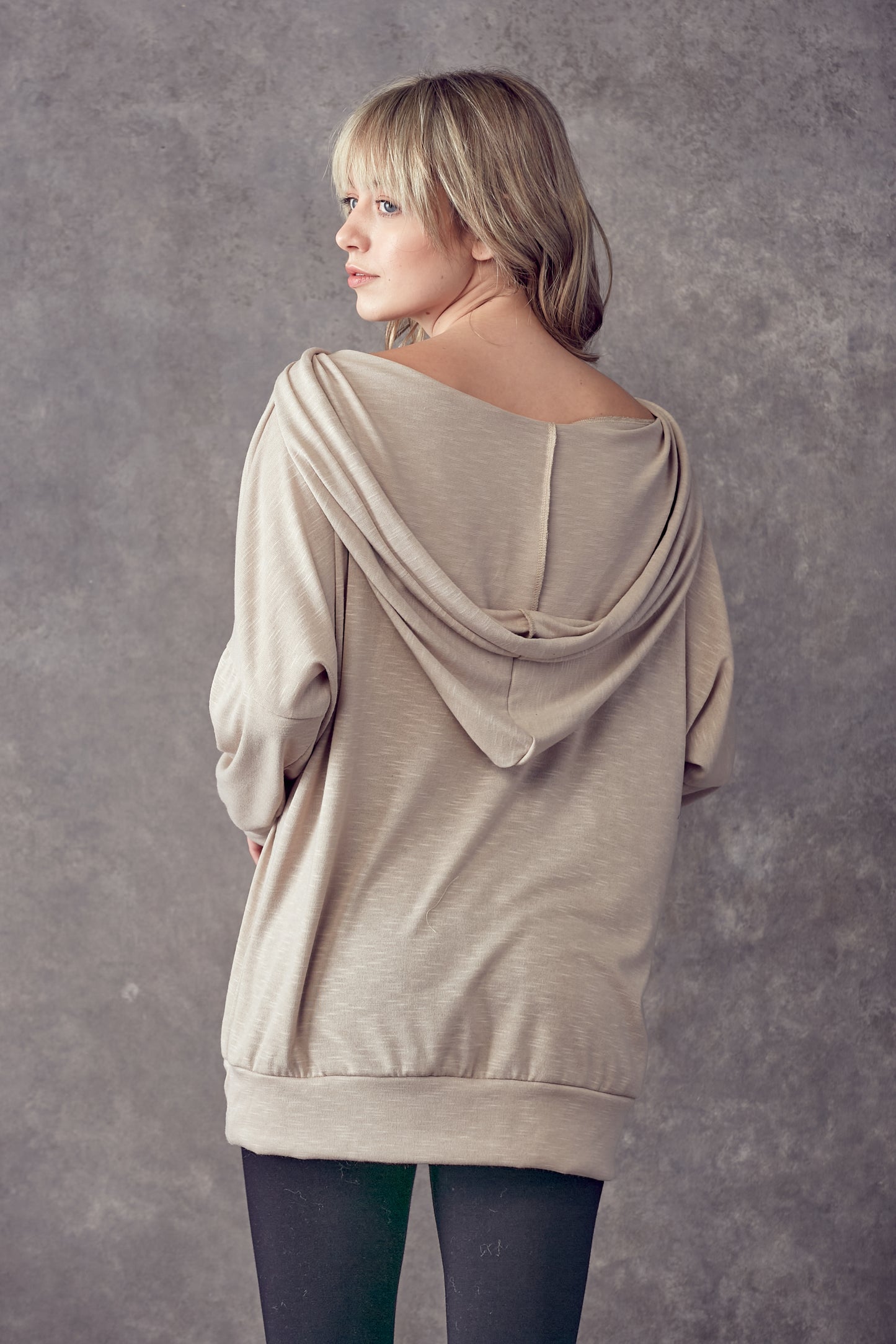 Solid Scoop Neck Loose Hoodie